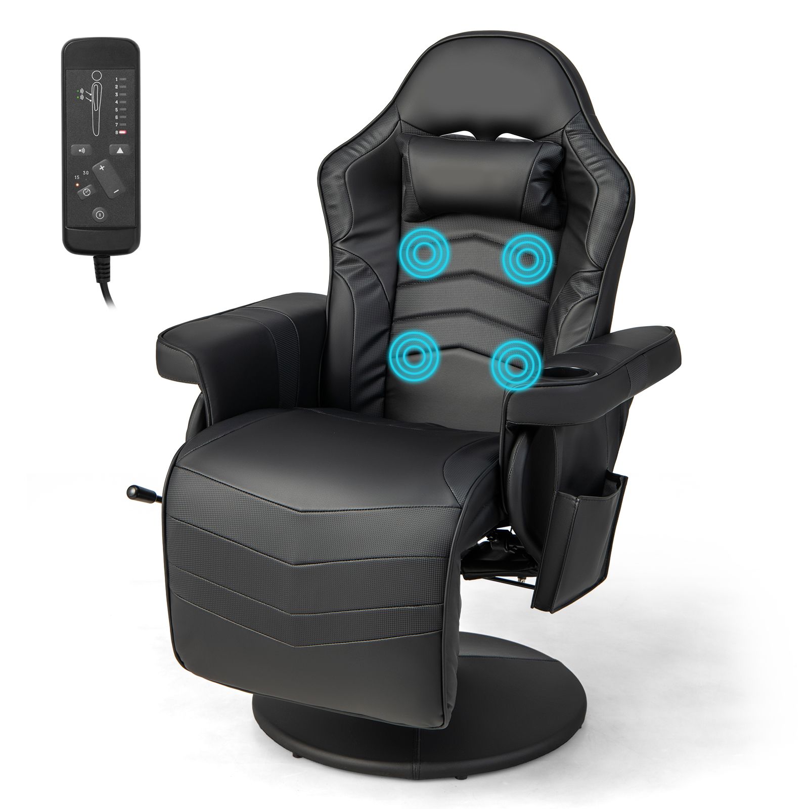 Electric Massage Gaming Chair with Cup Holder and Side Pouch Black